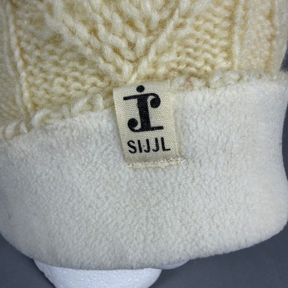 Sijjl Cream Cable Knit Beanie Faux Fur Pom Pom Fleece Lined Winter Hat Ivory - Picture 4 of 6